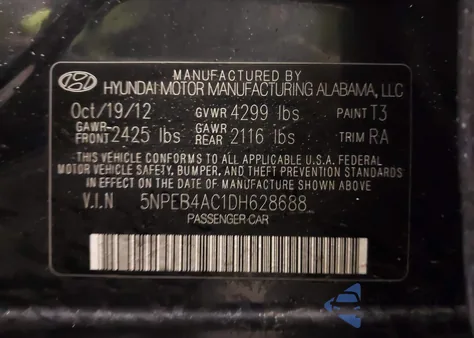 2013 Hyundai Sonata Gls z USA, uszkodzony, nr VIN 5NPEB4AC1DH628688